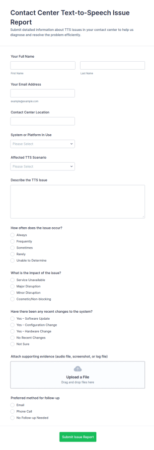 Contact Center Text To Speech Issue Report Form Template