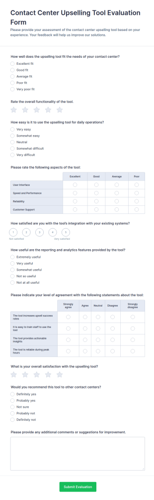 Contact Center Upselling Tool Evaluation Form Template