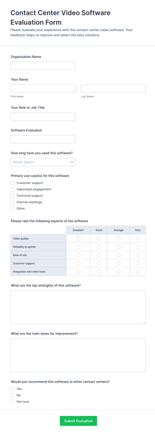 Contact Center Video Software Evaluation Form Template