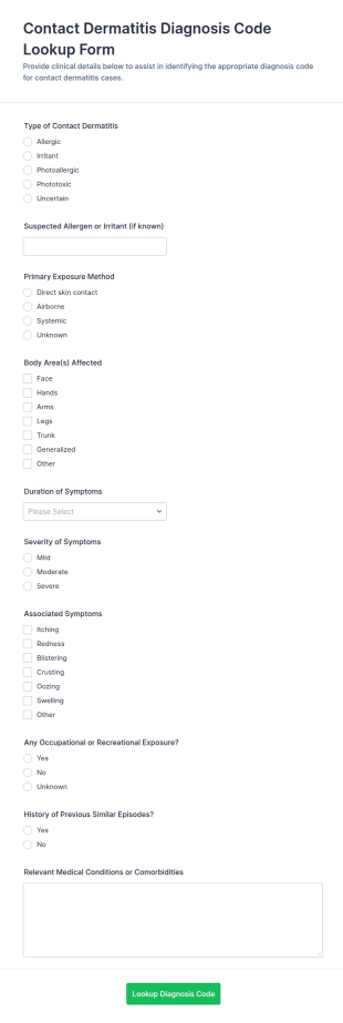 Contact Dermatitis Diagnosis Code Lookup Form Template