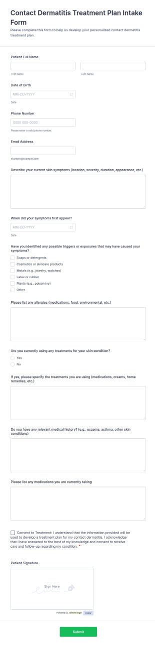 Contact Dermatitis Treatment Plan Intake Form Template