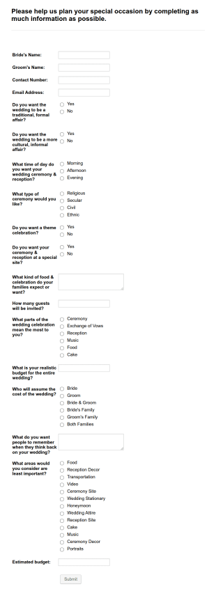 Contact Form Weddings, Events, Socials