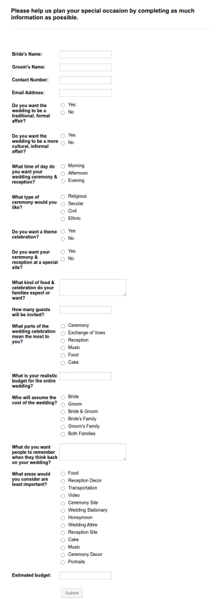 Contact Form Weddings, Events, Socials