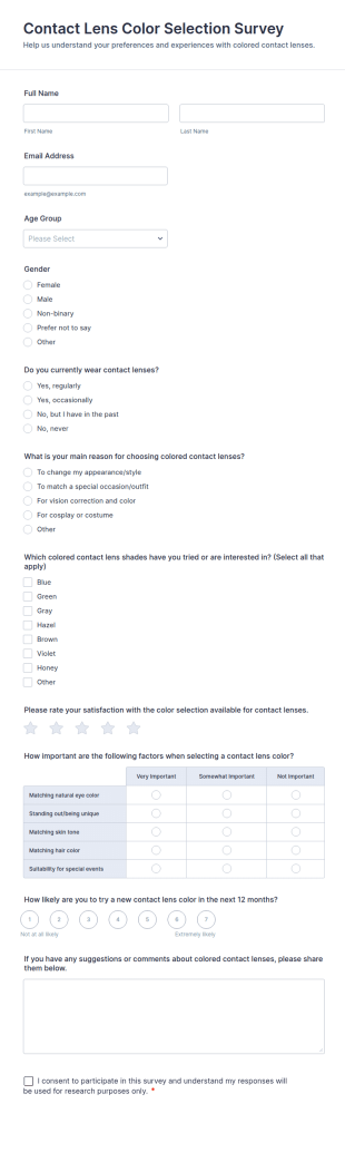 Contact Lens Color Selection Survey Form Template