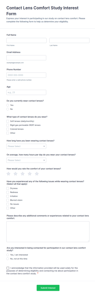Contact Lens Comfort Study Interest Form Template
