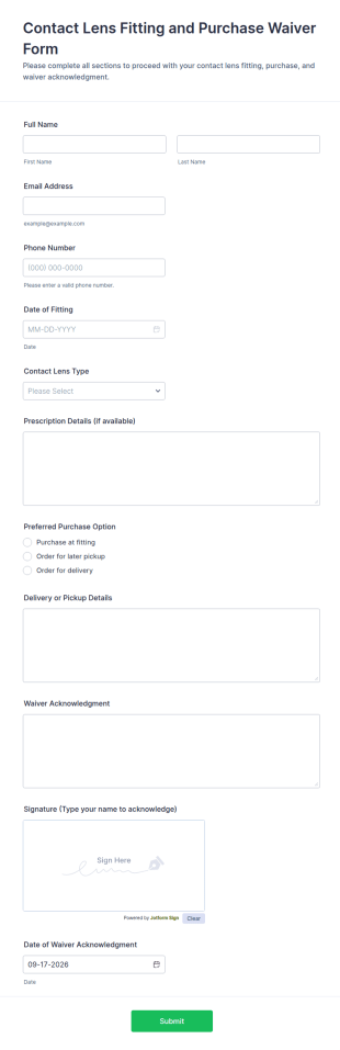 Contact Lens Fitting And Purchase Waiver Form Template