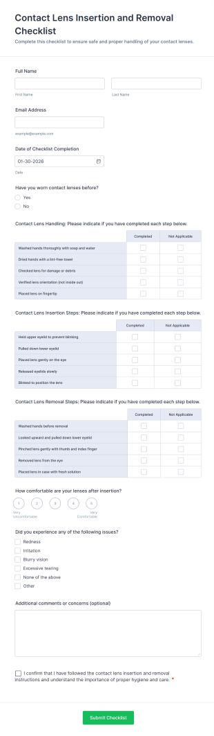 Contact Lens Insertion And Removal Checklist Form Template