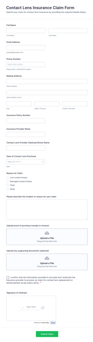 Contact Lens Insurance Claim Form Template