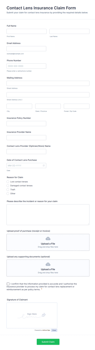 Contact Lens Insurance Claim Form Template
