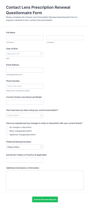 Contact Lens Prescription Renewal Questionnaire Form Template