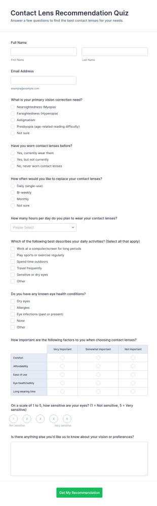 Contact Lens Recommendation Quiz Form Template