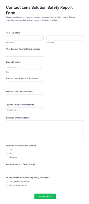 Contact Lens Solution Safety Report Form Template