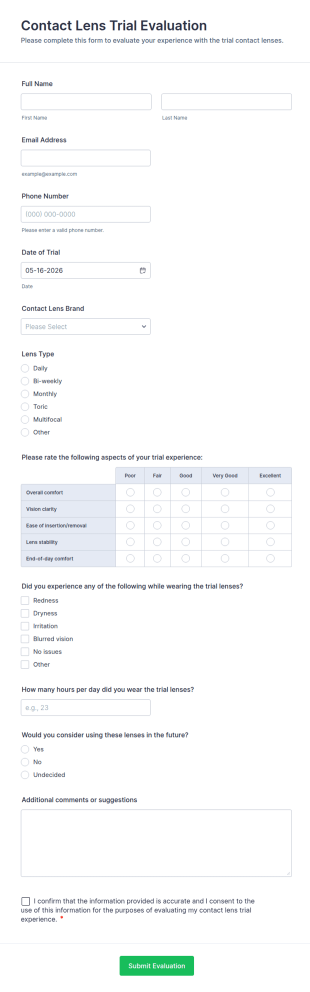 Contact Lens Trial Evaluation Form Template