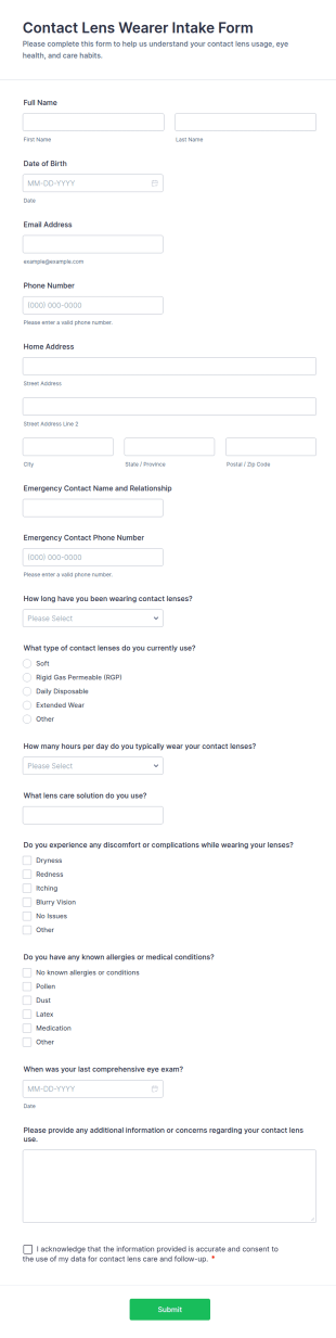 Contact Lens Wearer Intake Form Template
