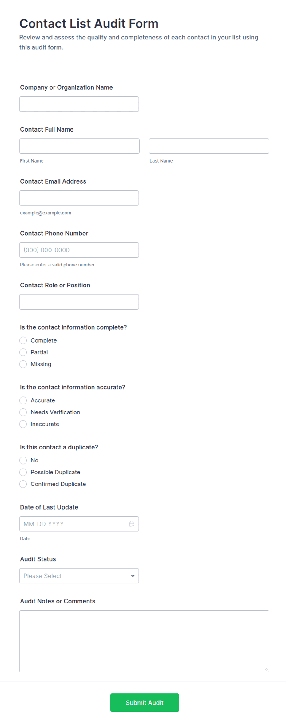 Contact List Audit Form Template | Jotform