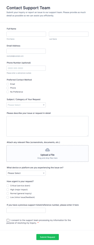 Contact Support Team Form Template