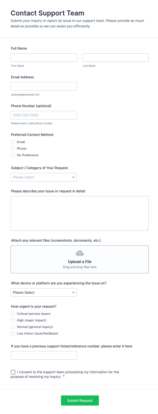 Contact Support Team Form Template