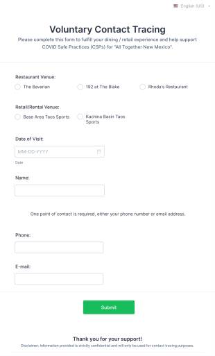 Voluntary Restaurant Contact Tracing Form Template