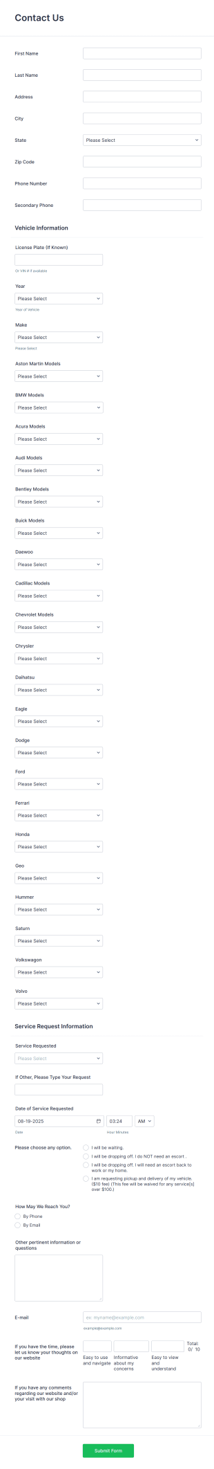 Service Escort And Provisions Form (for Cars)