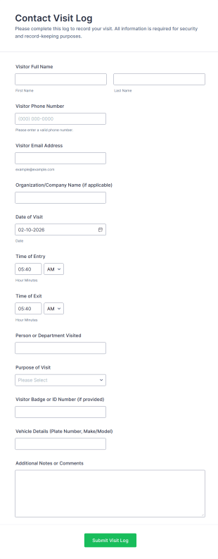 Contact Visit Log Form Template