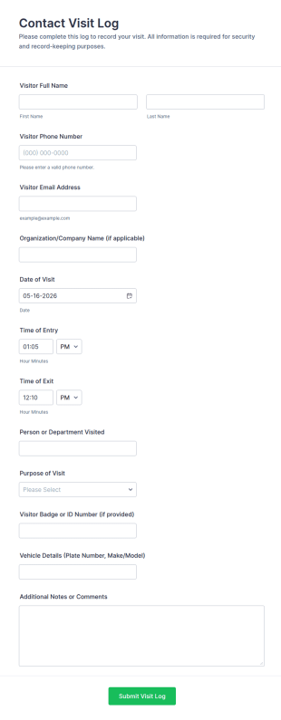 Contact Visit Log Form Template