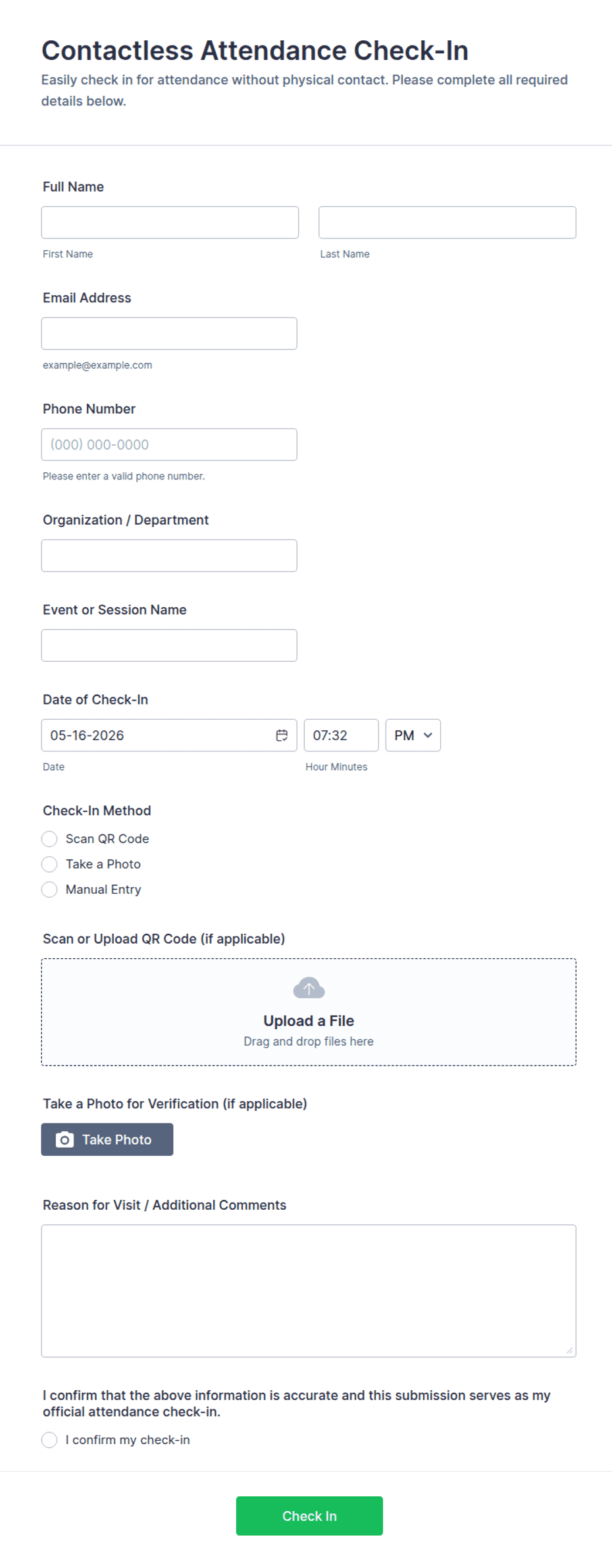 Check In Form Example Contactless Attendance Check-In Form Template | Jotform