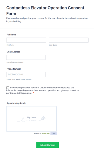 Contactless Elevator Operation Consent Form Template