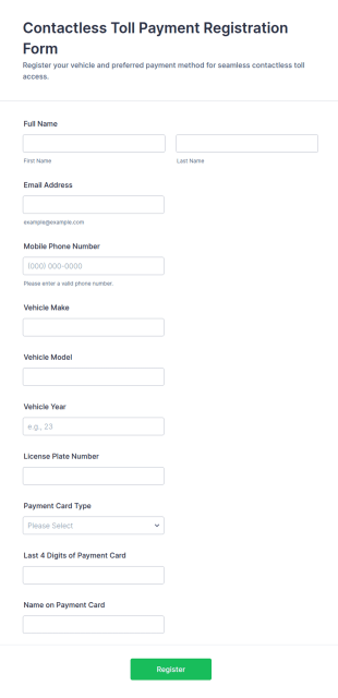 Contactless Toll Payment Registration Form Template