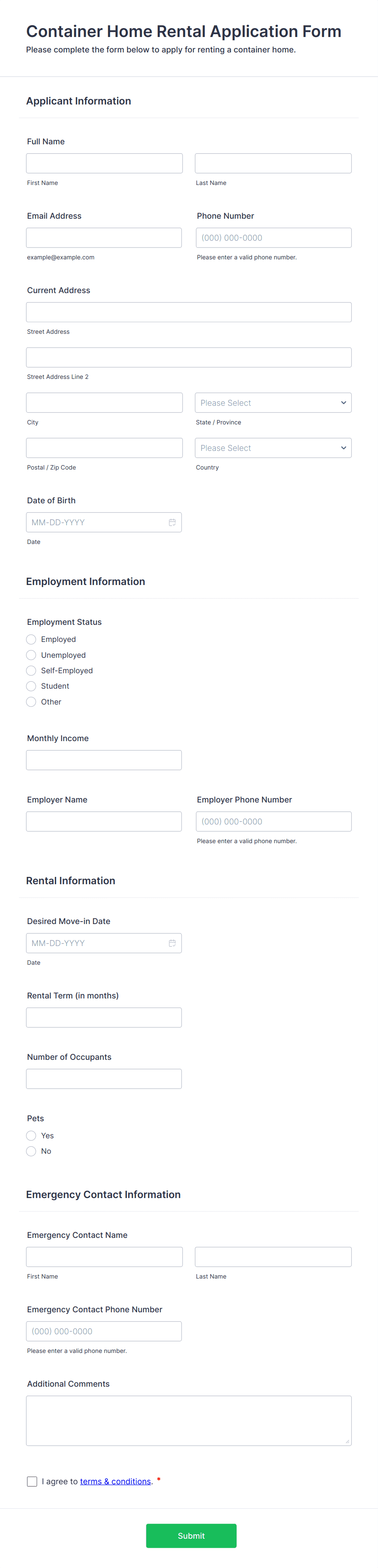 Container Home Rental Application Form Template | Jotform