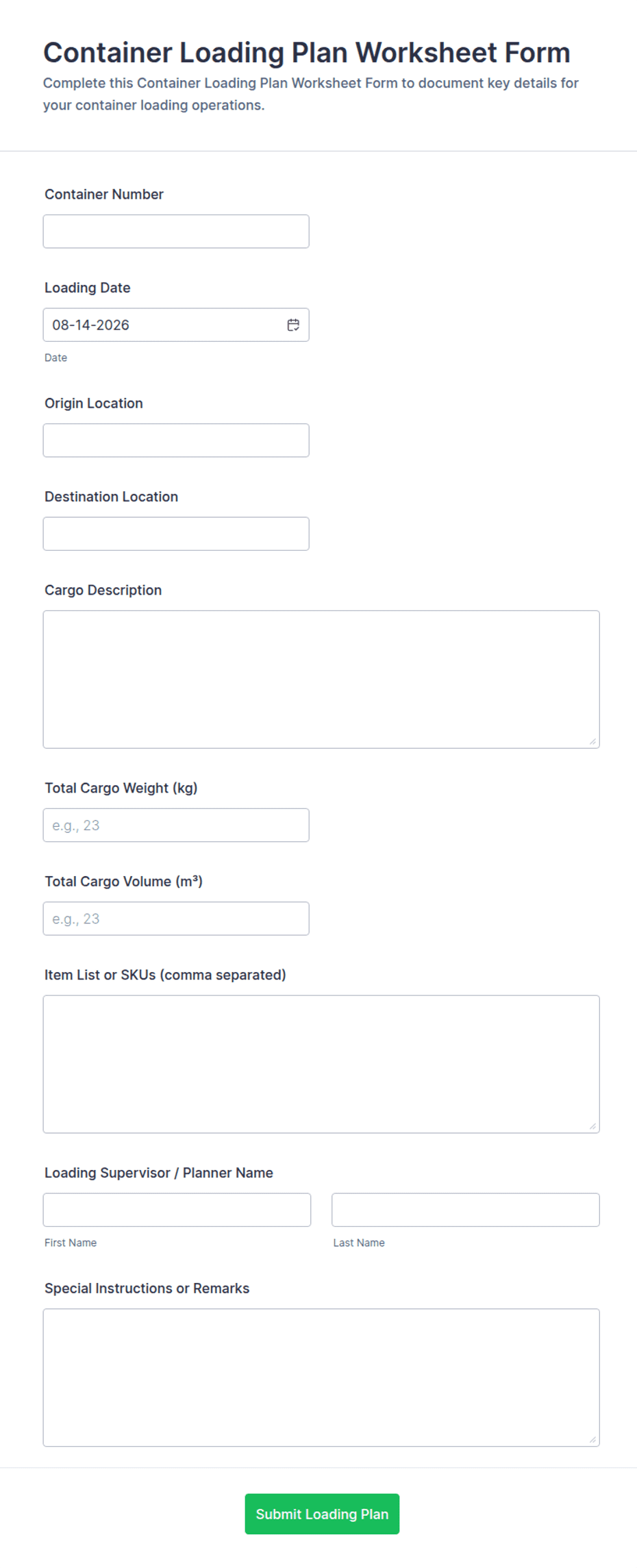 Container Loading Plan Worksheet Form Template | Jotform