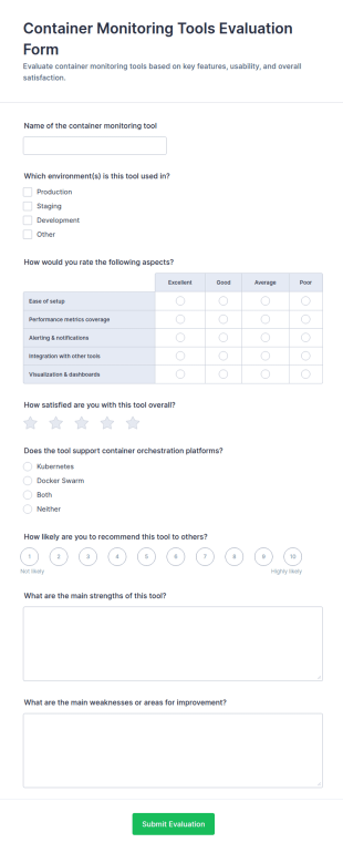 Container Monitoring Tools Evaluation Form Template
