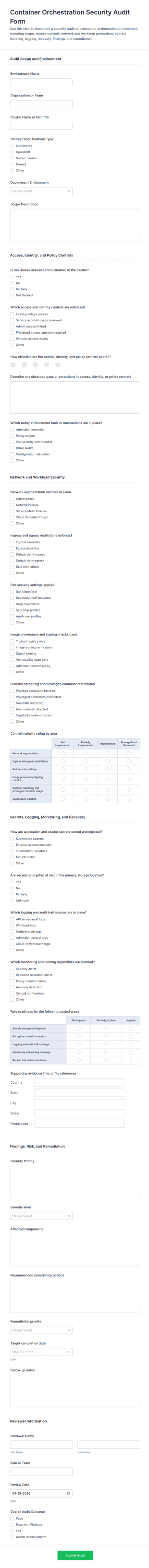 Container Orchestration Security Audit Form Template