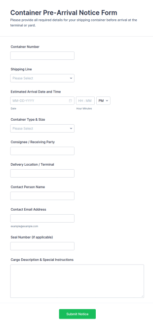 Container Pre Arrival Notice Form Template