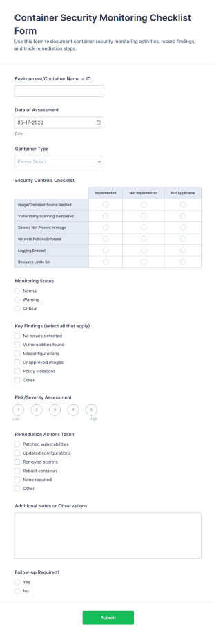 Container Security Monitoring Checklist Form Template