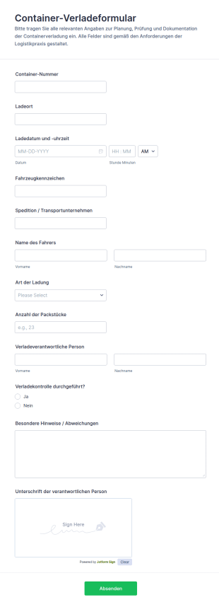 Container Transportverfolgung Formular
