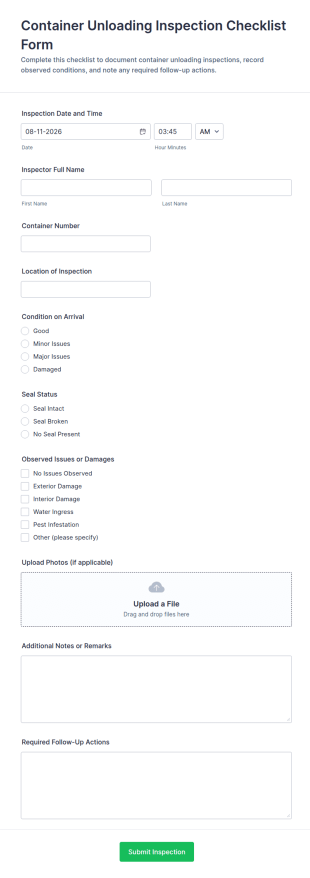 Container Unloading Inspection Checklist Form Template