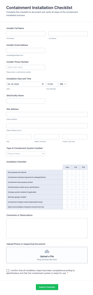 Containment Installation Checklist Form Template