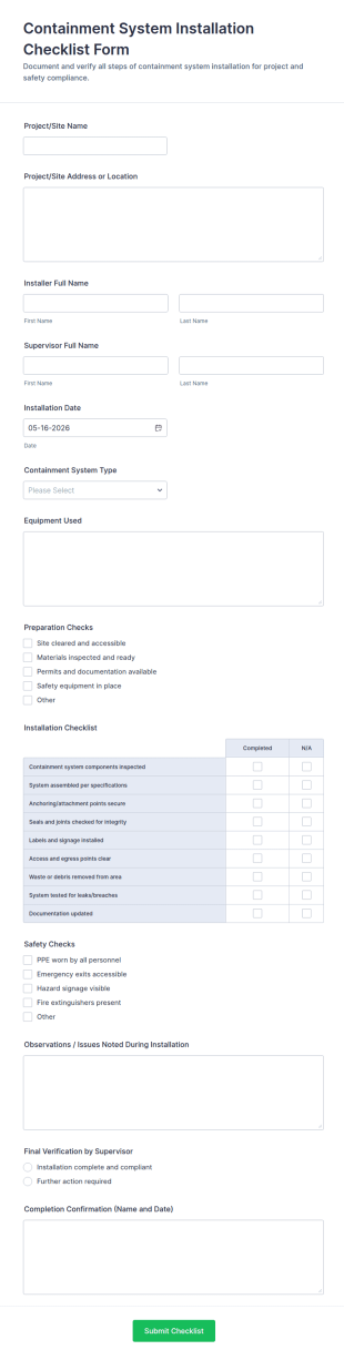 Containment System Installation Checklist Form Template