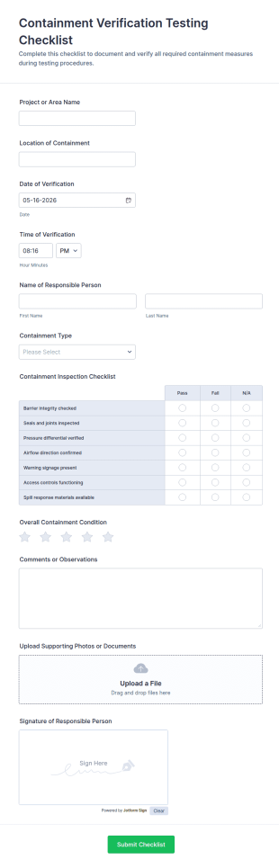 Containment Verification Testing Checklist Form Template