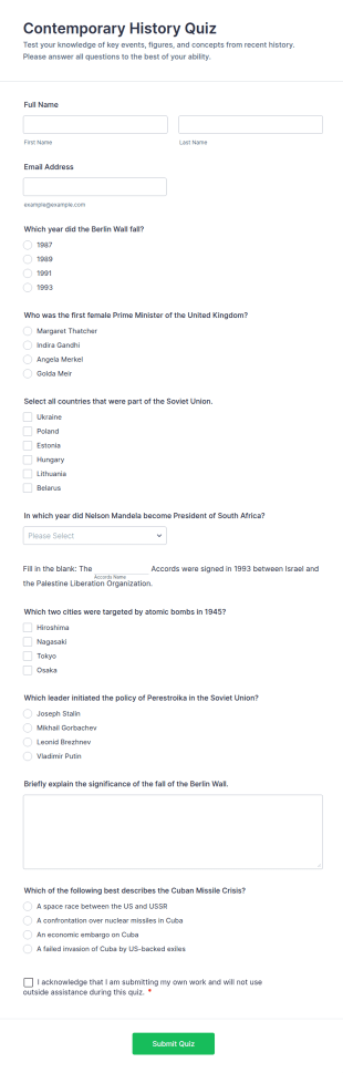 Contemporary History Quiz Form Template