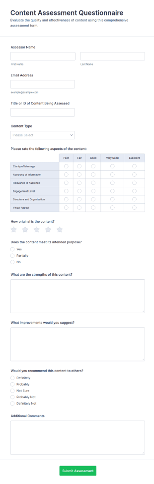 Content Assessment Questionnaire Form Template