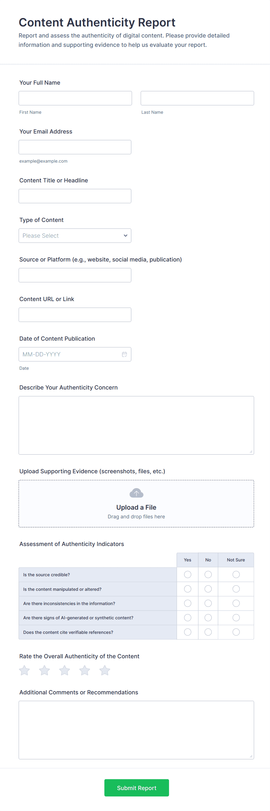 Content Authenticity Report Form Template | Jotform
