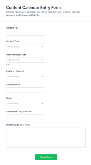 Content Calendar Entry Form Template