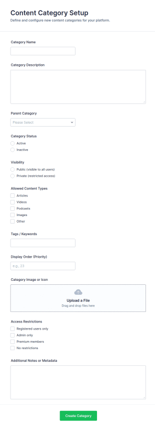Content Category Setup Form Template