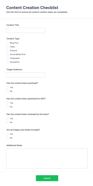 Content Creation Checklist Form Template