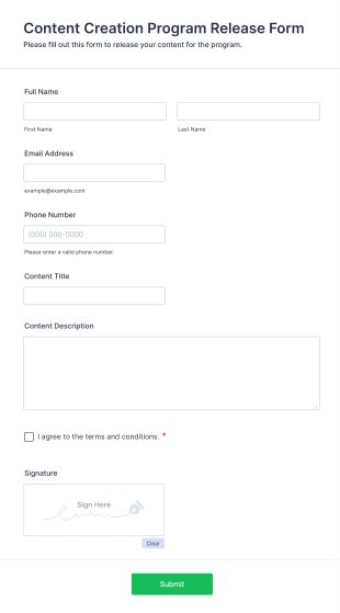 Content Creation Program Release Form Form Template