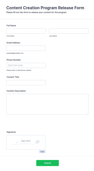 Content Creation Program Release Form Template