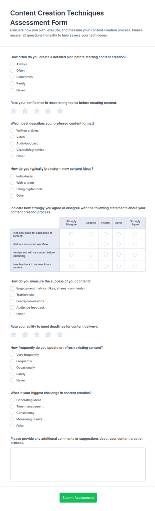 Content Creation Techniques Assessment Form Template