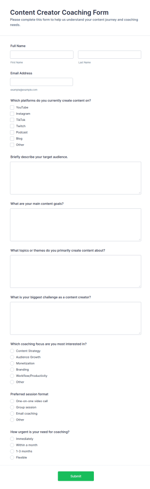 Content Creator Coaching Form Template