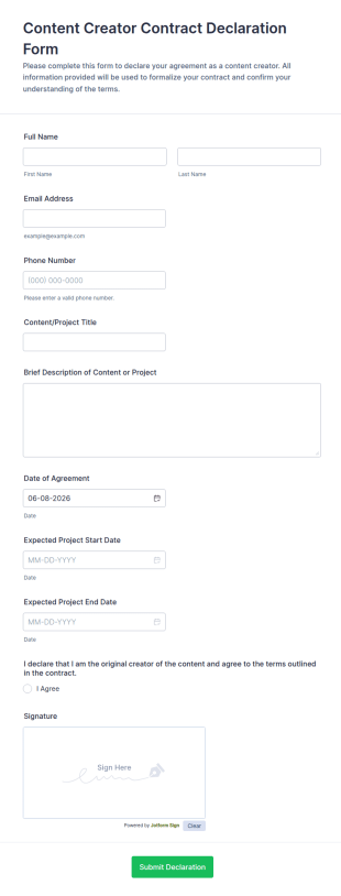 Content Creator Contract Declaration Form Template